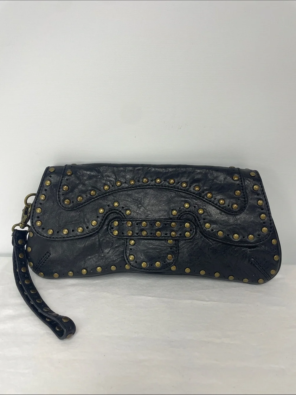 Kooba Black Leather Studded Wristlet Clutch with Brass Accents